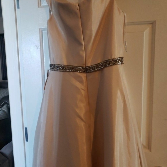 Peaches of Chicago Beautiful Satin Dress with Silver Metallic Trim around waist - Picture 3 of 5